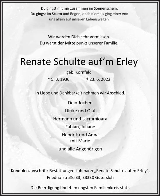 Traueranzeige von Renate Schulte aufm Erley von Die Glocke
