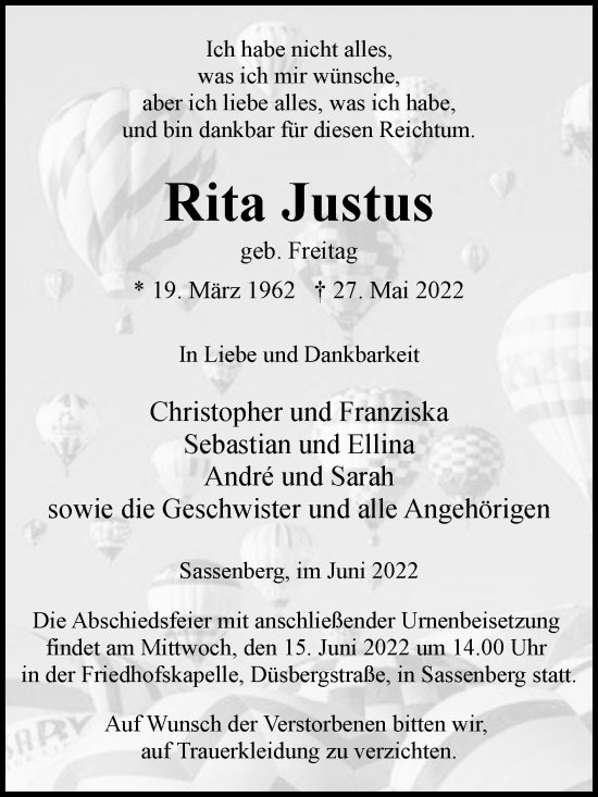 Traueranzeige von Rita Justus von Die Glocke