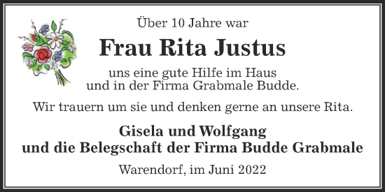 Traueranzeige von Rita Justus von Die Glocke