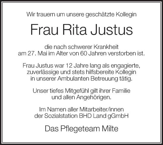 Traueranzeige von Rita Justus von Die Glocke