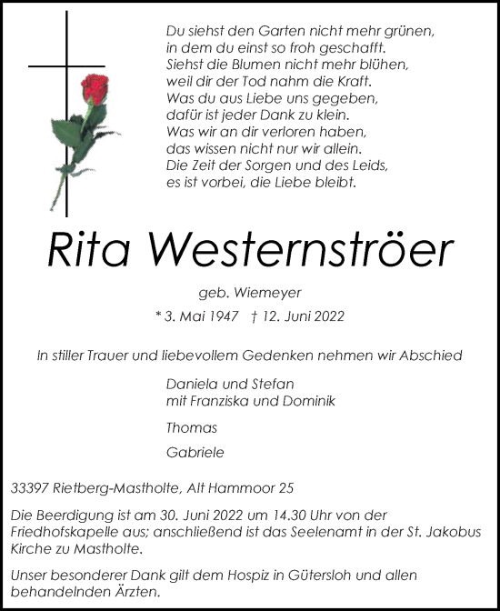 Traueranzeige von Rita Westernströer von Die Glocke