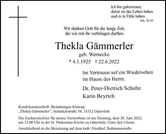 Traueranzeige von Thekla Gämmerler von Die Glocke