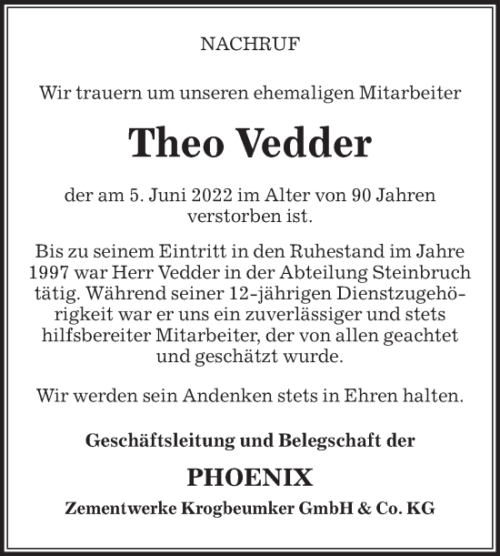 Traueranzeige von Theo Vedder von Die Glocke