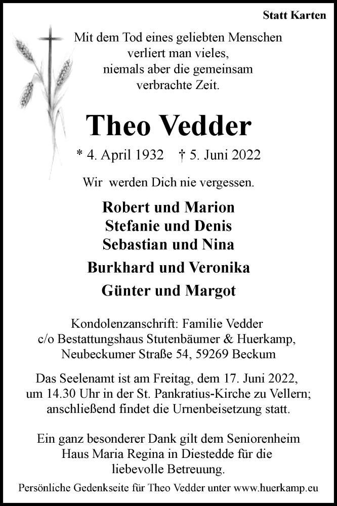  Traueranzeige für Theo Vedder vom 11.06.2022 aus Die Glocke