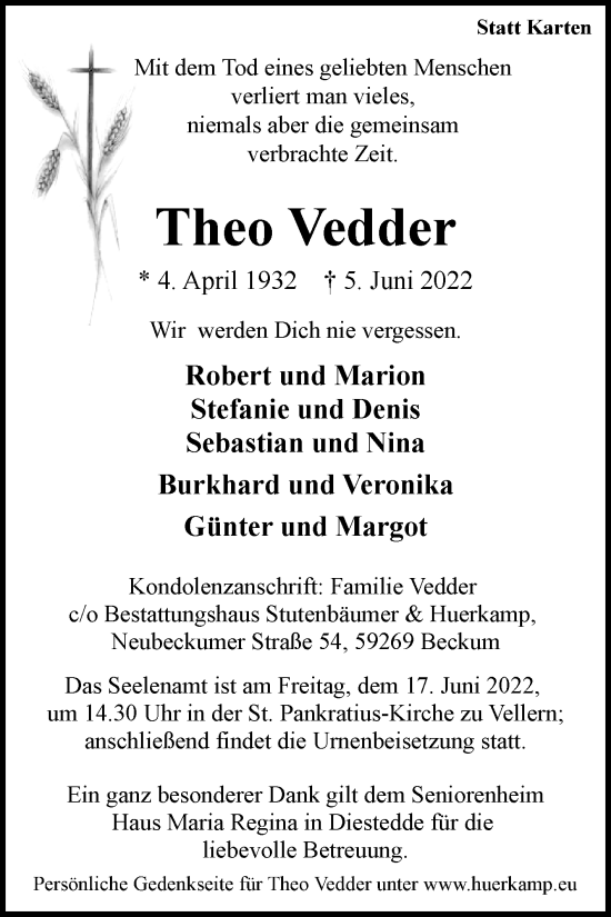 Traueranzeige von Theo Vedder von Die Glocke