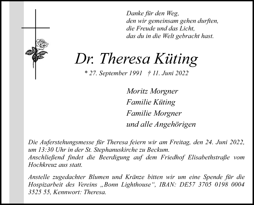  Traueranzeige für Theresa Küting vom 18.06.2022 aus Die Glocke