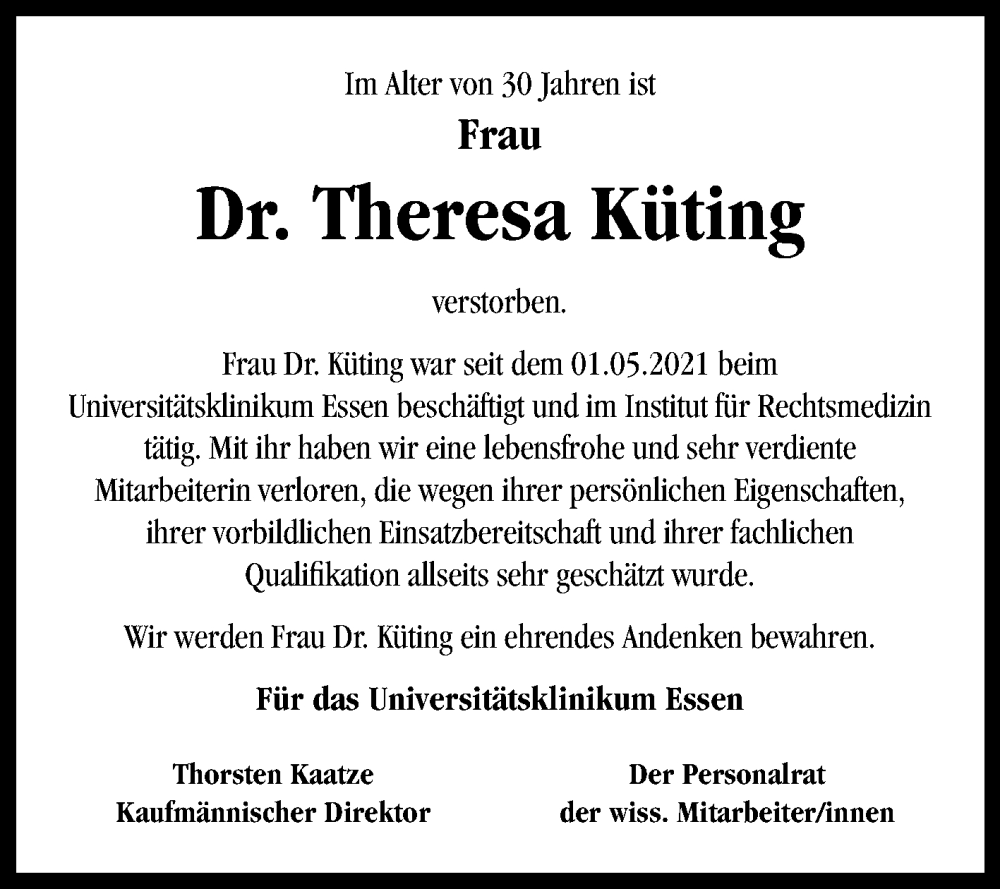  Traueranzeige für Theresa Küting vom 25.06.2022 aus Die Glocke