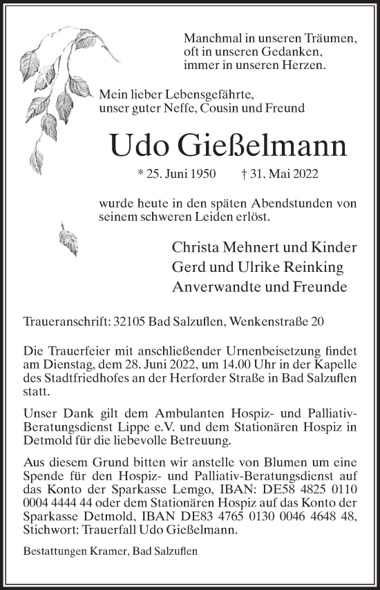 Traueranzeige von Udo Gießelmann von Die Glocke