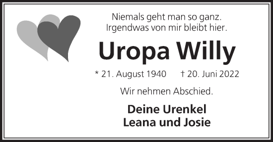 Traueranzeige von Uropa Willy von Die Glocke