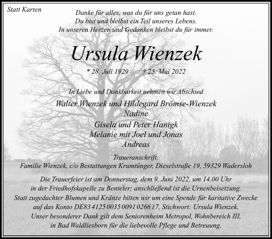 Traueranzeige von Ursula Wienzek von Die Glocke