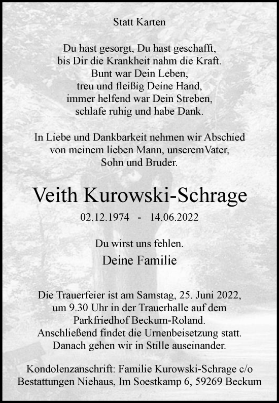 Traueranzeige von Veith Kurowski-Schrage von Die Glocke