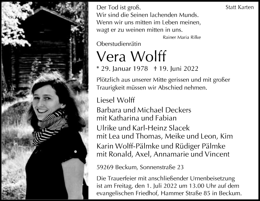  Traueranzeige für Vera Wolff vom 25.06.2022 aus Die Glocke