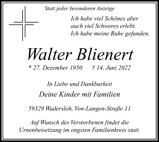 Traueranzeige von Walter Blienert von Die Glocke
