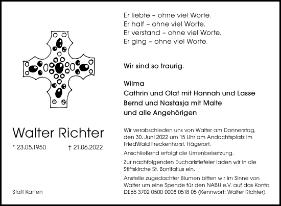 Traueranzeige von Walter Richter von Die Glocke