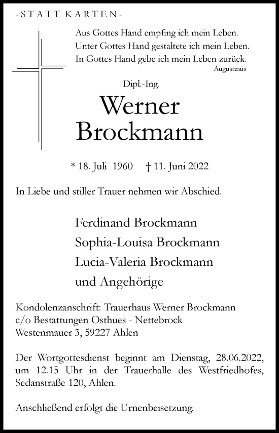 Traueranzeige von Werner Brockmann von Die Glocke
