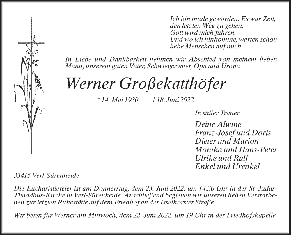  Traueranzeige für Werner Großekatthöfer vom 21.06.2022 aus Die Glocke