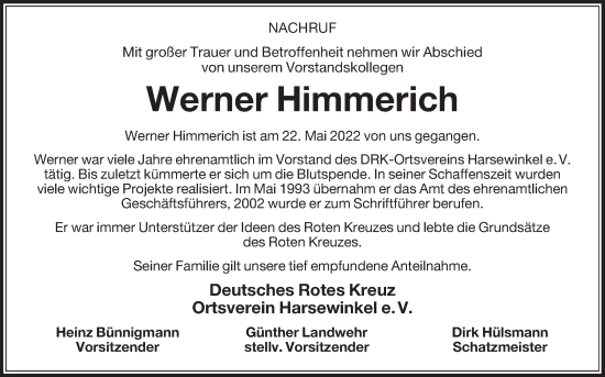 Traueranzeige von Werner Himmerich von Die Glocke