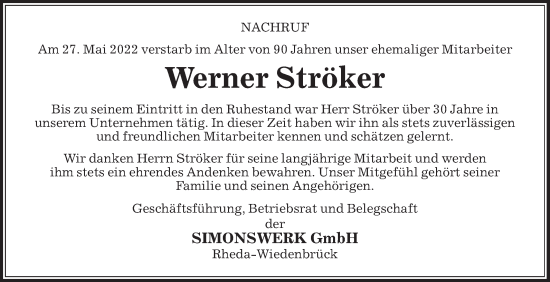 Traueranzeige von Werner Ströker von Die Glocke