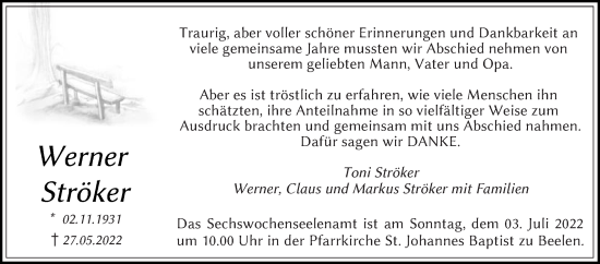 Traueranzeige von Werner Ströker von Die Glocke
