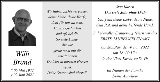 Traueranzeige von Willi Brand von Die Glocke