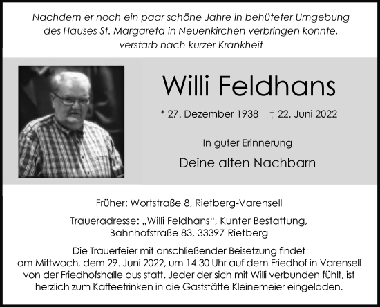 Traueranzeige von Willi Feldhans von Die Glocke