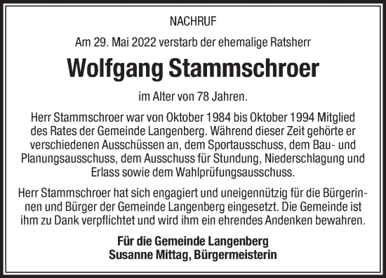 Traueranzeige von Wolfgang Stammschroer von Die Glocke