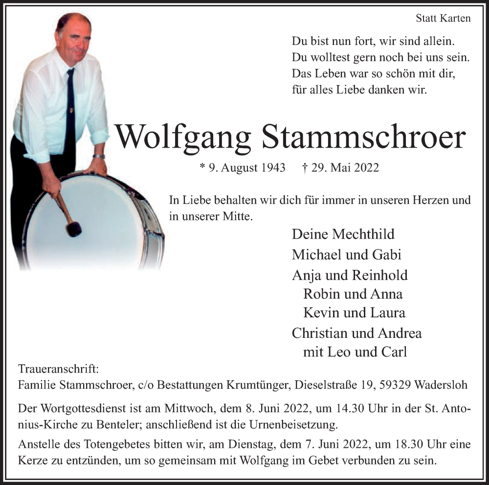  Traueranzeige für Wolfgang Stammschroer vom 01.06.2022 aus Die Glocke