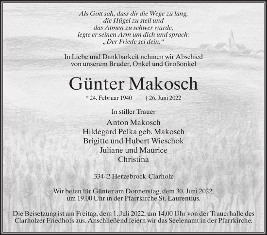 Traueranzeige von Günter Makosch von Die Glocke