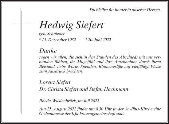 Traueranzeige von Hedwig Siefert von Die Glocke