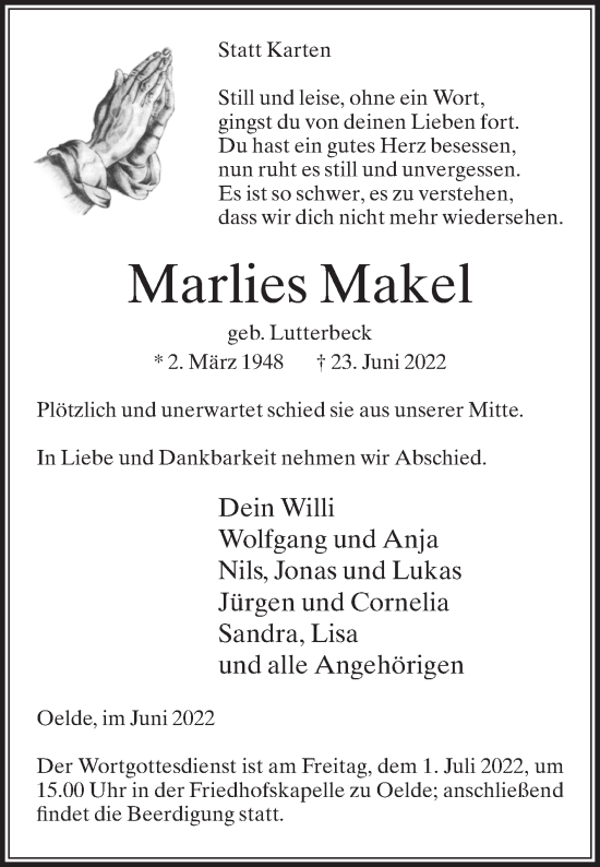Traueranzeige von Marlies Makel von Die Glocke