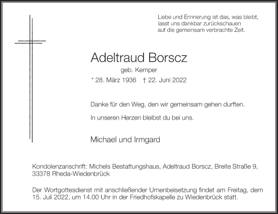 Traueranzeige von Adeltraud Borscz von Die Glocke