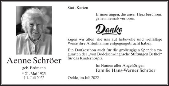 Traueranzeige von Aenne Schröer von Die Glocke