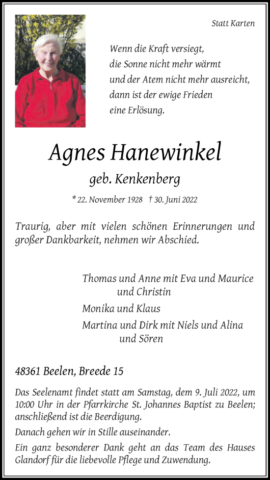 Traueranzeige von Agnes Hanewinkel von Die Glocke