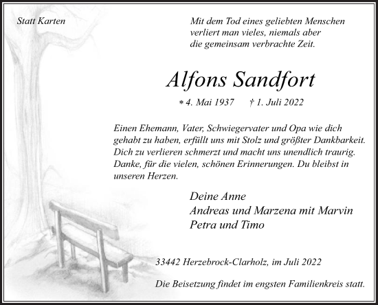 Traueranzeige von Alfons Sandfort von Die Glocke