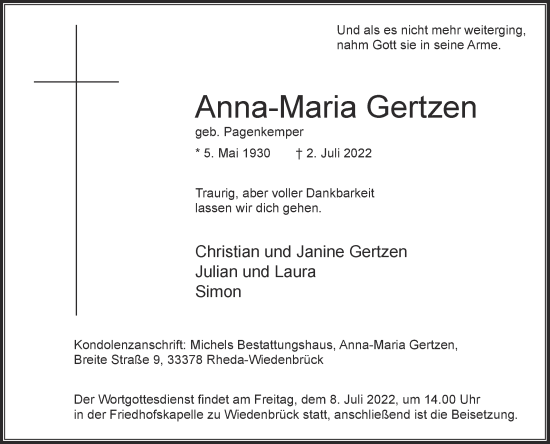 Traueranzeige von Anna-Maria Gertzen von Die Glocke
