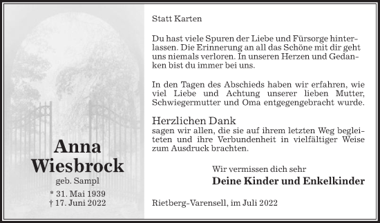 Traueranzeige von Anna Wiesbrock von Die Glocke