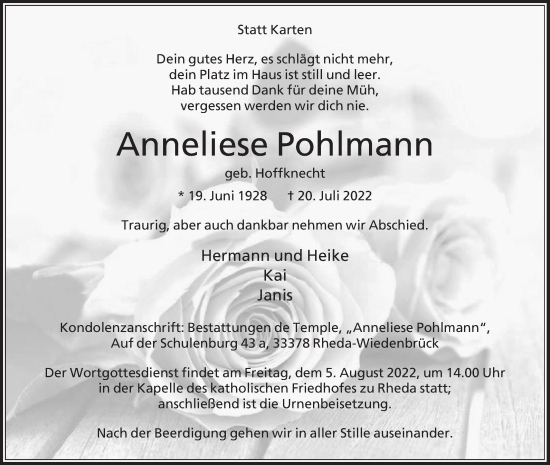 Traueranzeige von Anneliese Pohlmann von Die Glocke