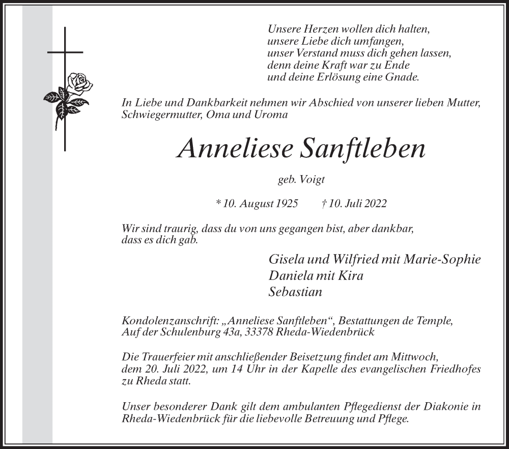  Traueranzeige für Anneliese Sanftleben vom 16.07.2022 aus Die Glocke