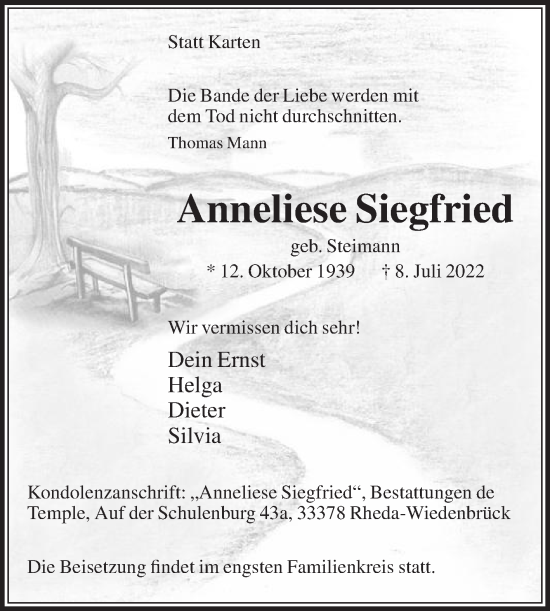 Traueranzeige von Anneliese Siegfried von Die Glocke