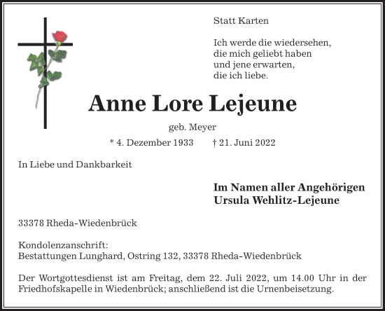 Traueranzeige von Anne Lore Lejeune von Die Glocke
