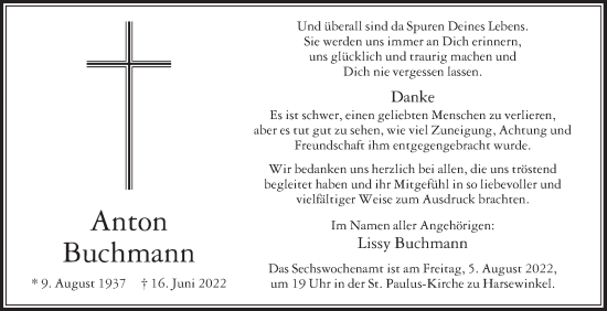 Traueranzeige von Anton Buchmann von Die Glocke