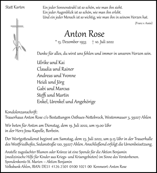 Traueranzeige von Anton Rose von Die Glocke