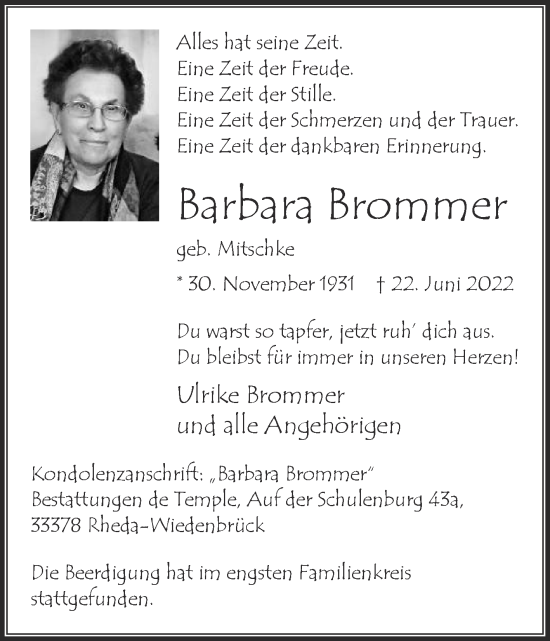 Traueranzeige von Barbara Brommer von Die Glocke
