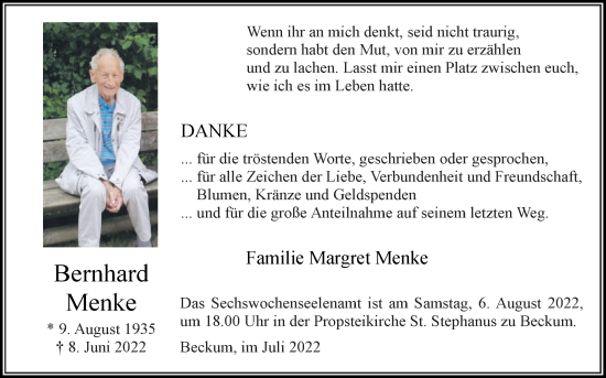 Traueranzeige von Bernhard Menke von Die Glocke
