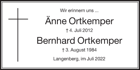 Traueranzeige von Bernhard Ortkemper von Die Glocke