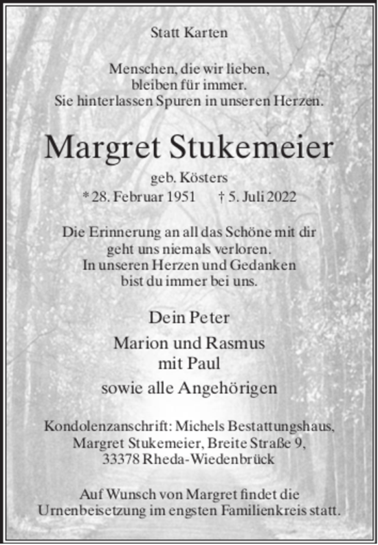 Traueranzeige von Margret Stukemeier von Die Glocke