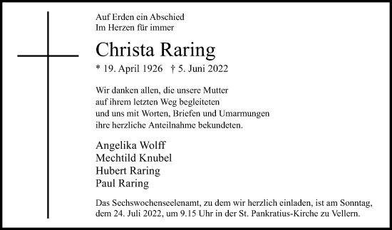 Traueranzeige von Christa Raring von Die Glocke