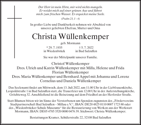 Traueranzeige von Christa Wüllenkemper von Die Glocke