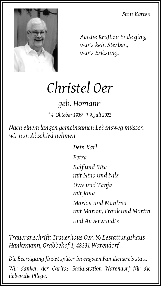Traueranzeige von Christel Oer von Die Glocke