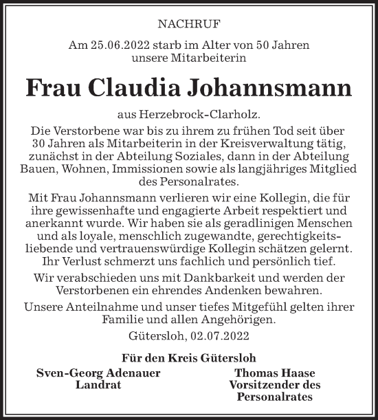 Traueranzeige von Claudia Johannsmann von Die Glocke
